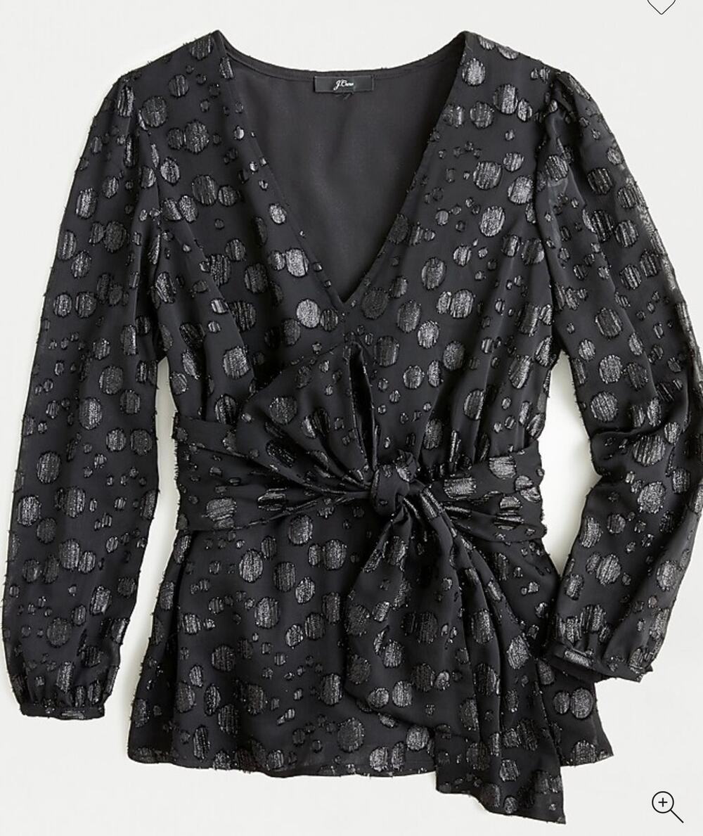J. Crew Black Metallic Dot Jacquard Blouse Women's M Tie-Waist V-Neck Holiday